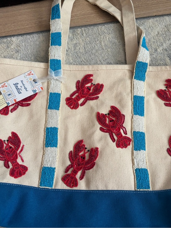 Handbags - NWT Hand Beaded Lobster Canvas Tote Bag Coastal Beach Bag